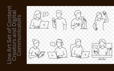 Line Art Set of Content Creators and Communicators Social Media, Work From Home, and Online Presence