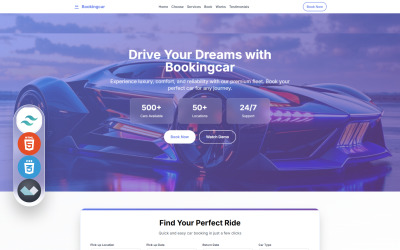 Bookingcar – Wypożyczalnia samochodów klasy premium i rezerwacje Tailwind CSS i Alpine.js, szablon landing page’a