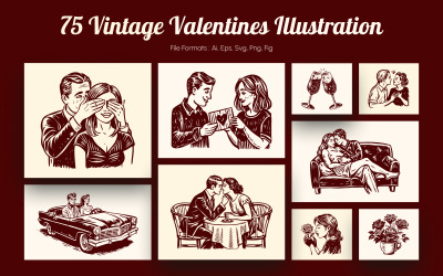 Vintage Alla hjärtans dag illustration set