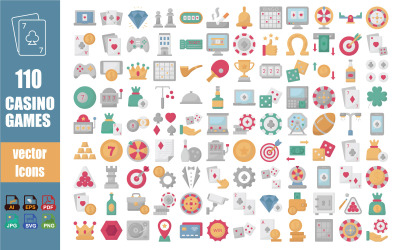 Casino Games Vector Icon Pack – Glücksspiel-, Poker-, Spielautomaten-, Würfel- und Unterhaltungssymbole