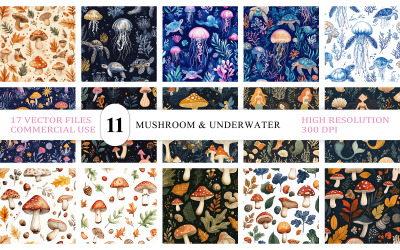 蘑菇、美人鱼和海洋生物无缝矢量 | 幻想蘑菇和海洋水母