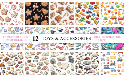 Modello senza cuciture di biscotti dolci, moda e libri | Modello vettoriale di accessori per giocattoli di pan di zenzero