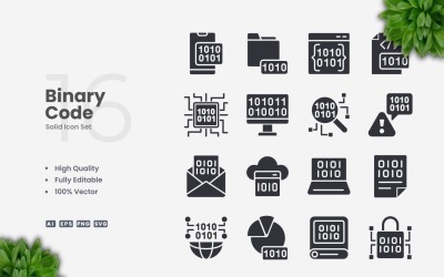 16 Binary Code Solid Icons Set