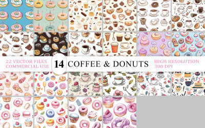 Modello senza cuciture con ciambelle dolci e caffè | Pacchetto di modelli senza cuciture con caffè e ciambelle