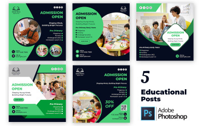 Educational Social Media Post Pack | 5 Editable PSD Templates for Schools &amp;amp; E-Learning Promotion