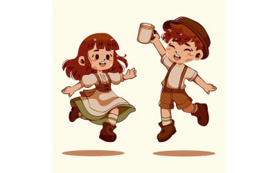 &amp;quot;GRATIS&amp;quot; Jongen en meisje springen terwijl ze een mok vasthouden