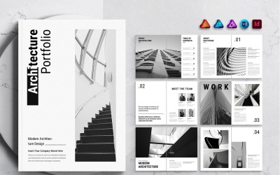 Layout för arkitekturportföljmalldesign för MS Word, InDesign och Affinity Suites
