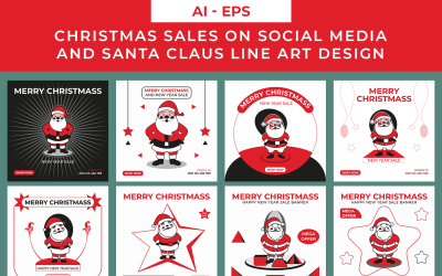 Christmas sales on social media and Santa Claus Line Art Design