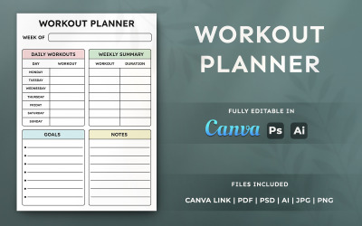Szablon planera treningowego | Drukowany organizer fitness | Edytowalny w Canva - Planer KDP Interior A4
