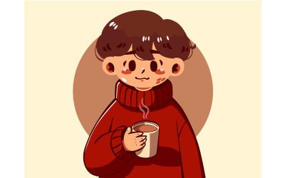 Tecknad pojke som håller en kopp kaffe