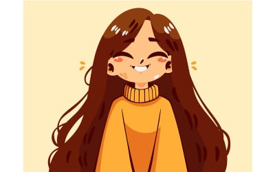 Cartoon Girl with Long Hair Smiling