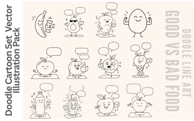 Food Doodle Vector Bundle Editable Cartoon Line Art Characters with Speech Bubbles