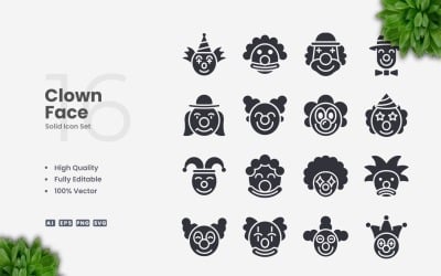 16 Clown Face Solid Icons Set