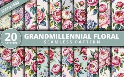 Högupplöst Grandmillennial blommigt sömlöst mönsterpaket | Smart Object Ready mönsterset