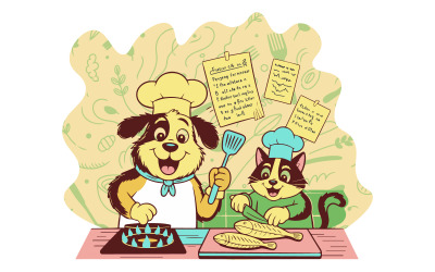 Dog and Cat Chef Cartoon Vector Illustration