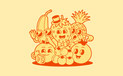 Personnages de fruits de dessin animé drôles, dessin au trait vectoriel