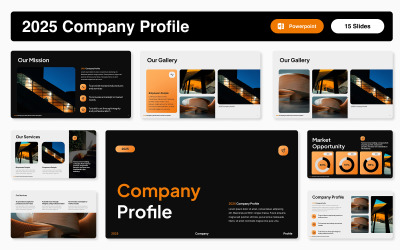 Modelo de PowerPoint de Perfil de Empresa Preto e Laranja