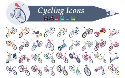 Isometrische fietspictogrammenset – Set met pictogrammen voor sport, fitness, fietsen, paardrijden en buitenactiviteiten