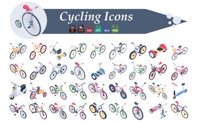 Pack d&amp;#39;icônes isométriques de cyclisme : sport, fitness, vélo, équitation et activités de plein air