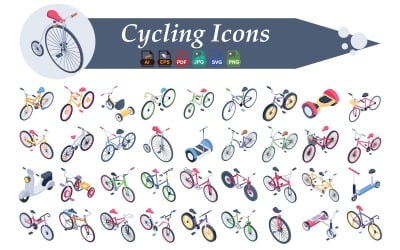 Paquete de iconos isométricos de ciclismo: conjunto de iconos de deporte, fitness, bicicleta, equitación y actividades al aire libre