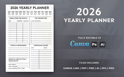 2026 Yearly Planner Template for Canva and KDP – Printable Editable Organizer Template