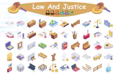Paquete de iconos isométricos de ley y justicia: iconos de tribunal y abogado para diseñadores y creadores digitales
