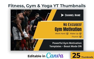 25 Gym Fitness and Yoga YouTube Thumbnails Editable in Canva