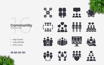 Conjunto de 16 iconos sólidos de la comunidad