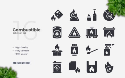 16 Combustible Solid Icons Set