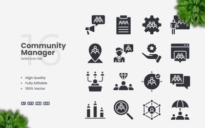 16 Community Manager Solid Icons Set