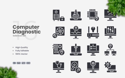 16 Computer Diagnostic Solid Icons Set