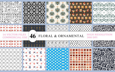 Vintage botanische en damastpatroonpakket | Ornamentaal lijnkunst naadloos ontwerppakket
