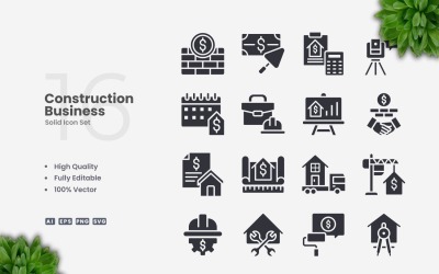 16 Construction Business Solid Icons Set