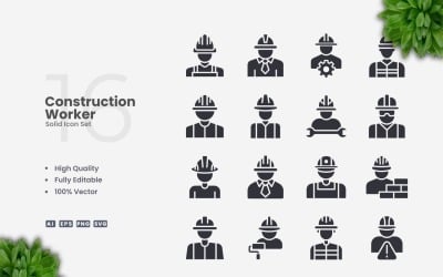 16 Construction Worker Solid Icons Set
