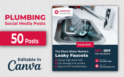 Plumber Social Pack - 50 Plumbing Social Media Posts Editable in Canva