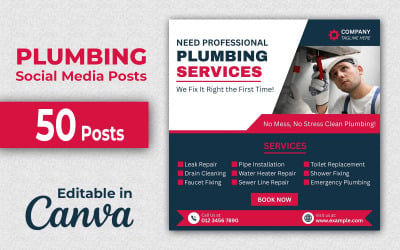 Plumbing Post Canva Pack - 50 Plumbing Social Media Posts Editable in Canva