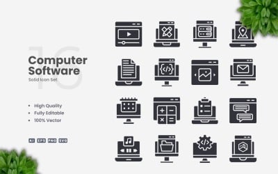 Set di 16 icone solide per software per computer