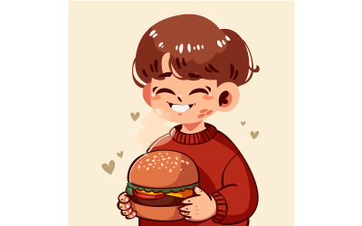 Cartoon Boy Happily Holding Burger