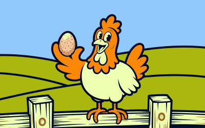 Desenho de galinha com ovo na cerca da fazenda - Ilustração vetorial