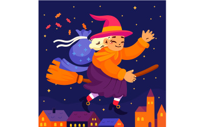 Cartoon Witch Flying on Broom