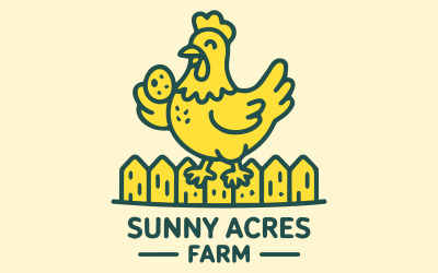 Sunny Acres Farm Logo with Cartoon Chicken and Egg - Vector Illustration