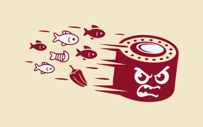 Battle of Sushi  Creative Angry Sushi Vector Mascot Logo with Running Peppers