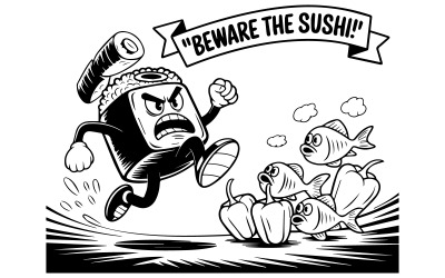 Diseño de logotipo de mascota de sushi corriendo: vector de comida enojada y adorable