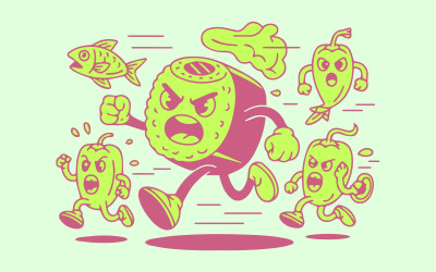 Funny Sushi Roll Character with Peppers and Fish Vector