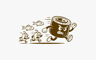 Rotolo di sushi arrabbiato che insegue gli ingredienti del cibo - Illustrazione audace dei cartoni animati