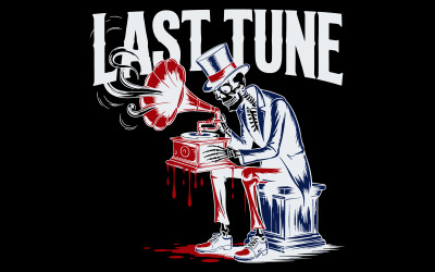 Szkielet z gramofonem - Koszulka z gotycką ilustracją wektorową Last Tune