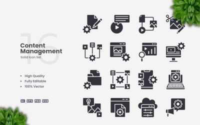 16 Content Management Solid Icons Set