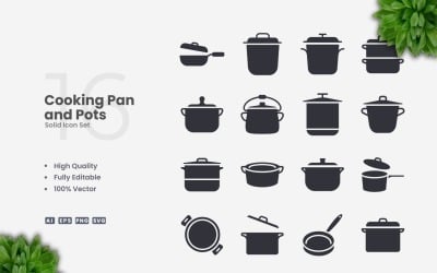 16 Cooking Pan and Pots Solid Icons Set