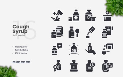 16 Cough Syrup Solid Icons Set