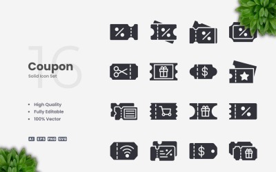 16 Coupon Solid Icons Set